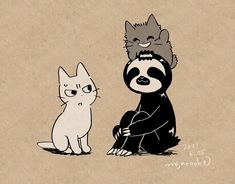 two cats and a racoon sitting next to each other on a piece of paper