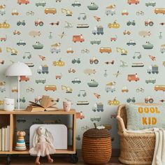 a child's room with toys and wallpaper in pastel colors, including trucks