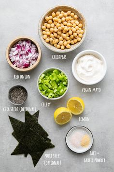 ingredients to make chickpea salad laid out in bowls on a gray background with text