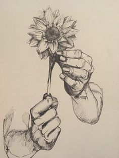 a drawing of a person holding a flower in their hand with the petals still attached