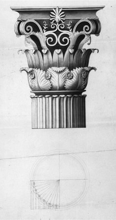 an architectural drawing of a column with decorative designs on the top and bottom, in black and white