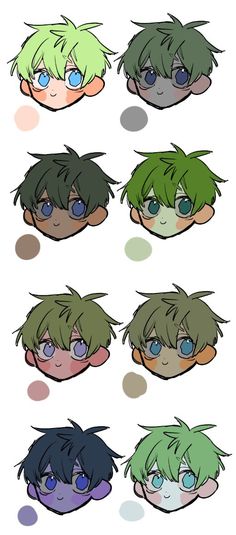 some anime character's hair styles with different colors and shapes, including the eyes