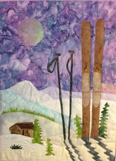 quilted wall hanging with skis and snowboard on it's side in front of a purple background