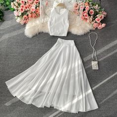 White A line two pieces dress fashion dress Material: blended Color: white Size(cm): S, M, L Top S length 37 bust 80 M length 38 bust 84 L length 39 bust 88 Skirt S length 92 waist 66 M length 93 waist 70 L length 94 waist 74 Elegant Summer Two-piece Dress With Flowy Skirt, White Two-piece Summer Dress, Elegant Two-piece Dress For Summer, White Sleeveless Two-piece Dress For Summer, Sleeveless Two-piece Summer Wedding Dress, Summer Sleeveless Dress With Fake Two-piece Design, Summer Sleeveless Dress With Fake Two-piece Detail, White Two-piece Skirt For Spring, Chic Summer Wedding Two-piece Dress