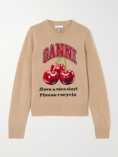 GANNI is known for its undeniably cool graphic designs. Spun with plenty of wool, this sweater is intarsia-knitted with the label's moniker above a cluster of realistic cherries and a friendly reminder to recycle (just like the brand, using over 50% recycled yarns to create this style). Ganni Sweater, Cherry Sweater, Light Grey Leggings, Denim Flats, Floral Dresses Short, Graphic Sweaters, Exclusive Dress, Friendly Reminder, Recycled Yarn