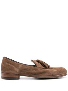 chocolate brown calf suede almond toe moc stitching tassel detail branded leather insole rubber sole slip-on style This piece comes complete with a protective dust bag. Suede Loafers, Chocolate Brown, Loafer Shoes, Flat Shoes Women, Calf Leather, Tassels, Dust Bag, Fashion Branding, Loafers