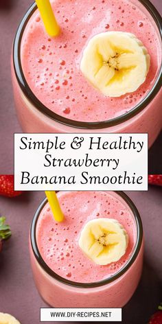 two glasses filled with smoothie next to strawberries and bananas on a purple surface