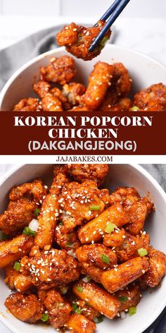 chicken wings with sesame seeds in a white bowl, and the words korean popcorn chicken