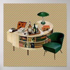 a painting of a table with books and drinks on it next to a green chair