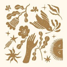 an image of hand and flowers on a white background with stars, leaves and other things