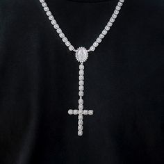 Introducing the Micro Clustered Rosary Chain, a traditional piece with an edge. Fully iced out with hand-set stones, this piece is meticulously crafted in 14k White Gold for timeless vibe with a modern twist. Add a statement to your look, whether you're going out or just chillin with the crew. Rock it solo or layer it up for maximum shine – it pairs perfectly with our Micro Clustered Tennis Chain, Bracelet, and Diamond Earrings. This product is guaranteed for life - GLD will repair the item shou Diamond Cross Necklace Iced Out, Iced Out Cubic Zirconia Cross Pendant Necklace, White Diamond Necklaces With Stones, White Diamond Necklace With Stones, White Iced Out Cross Necklaces, White Iced Out Cross Necklace, Tennis Chain, Rosary Chain, Vermeil Jewelry