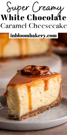 a slice of cheesecake on a plate with caramel drizzle