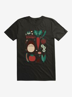 a black t - shirt with an image of totoro and vegetables on it