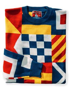 The Maritime Sweater is a work of art, crafted entirely from panels of nautical flags knit together in a seamless tapestry of color that pays homage to the seafaring heritage of New England. Lightweight and perfect for warm summer days on the open sea, this rugged and dependable garment is a timeless companion for any voyage. Product Details: 100% Cotton Unisex Tailored Fit--Ladies should size down one size Crew neck collar Ribbed cuffs and hem Hand wash cold separately, lay flat to dry Warm iro Maritime Flags, Mobile Logo, Kiel James Patrick, Nautical Outfits, Nautical Flags, James Patrick, Machine Knitting, Holiday Collection, Neck Collar