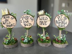 three small trees with signs that say, let the wild things in them