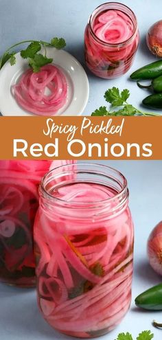 some pickled red onions are in a jar