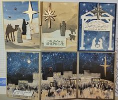 four christmas cards with nativity scenes on them