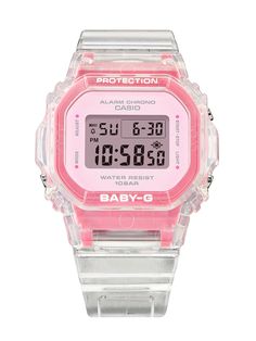 Bright, fresh, and playfully translucent — the perfect summer BABY-G to go with your active life.This sunny take on the compact BGD-565 features the iconic bezel and band in clear resin, allowing the bright tinted resin of the center case to show through. Case Size 42.1 × 37.9 × 11.3 mm Weight 30g Resin Case and Bezel Shock Resistant 100M Water Resistant Mineral Glass LED Backlight (Super Illuminator) Afterglow 1/100-second stopwatch Measuring capacity: 00'00''00~59'59''99 (for the first 60 minutes) 1:00'00~23:59'59 (after 60 minutes) Measuring unit: 1/100 second (for the first 60 minutes) 1 second (after 60 minutes) Measuring modes: Elapsed time, split time, 1st-2nd place times Countdown timer Measuring unit: 1 second Countdown range: 24 hours Countdown start time setting range: 1 second