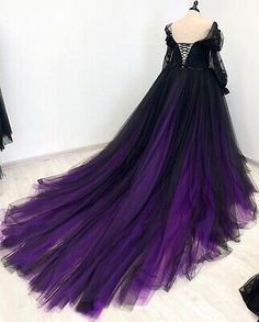 Dark Purple Victorian Dress, Black And Dark Purple Wedding Dress, Celestial Themed Wedding Dress, Purple Gothic Wedding Dress, Witch Ball Gown, Purple Homecoming Dress Long, Dark Purple Fantasy Dress, Dark Dresses Elegant, Purple Goth Wedding