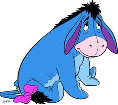 the blue donkey from winnie the pooh is sitting down and looking at something in his mouth