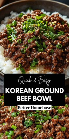 korean ground beef bowl with rice and green onions