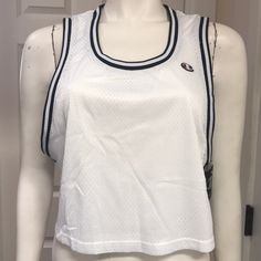 Great Athletic/Athleisure Cropped Mesh Tank By Champion. In A Versatile Crisp White With Black And White Sewn On Trim, This Double Layered Mesh Tank Is Reversible For Two Times The Wearings! Less Laundry And Great For The Environment! Exaggerated Arm Holes Provide Full Range Of Motion And The Two Layers Give Better Coverage. Size Medium (Armpit To Armpit: 20” Length: 18”) Large (Pit To Pit: 22” Length: 18.5”) And Size Xl (Pit To Pit: 24” Length: 20”) Available. New With Tags! Sporty Camisole Tank Top With Built-in Bra, Nylon Training Tank Top With Built-in Bra, Sporty Moisture-wicking Cropped Tank Top, Compressive Nylon Sporty Tank Top, Sporty Compressive Moisture-wicking Tank Top, Range Of Motion, Crop Tank, Athleisure, Two By Two