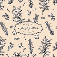 a christmas card with pine cones and evergreen branches on it, in blue ink against a beige background