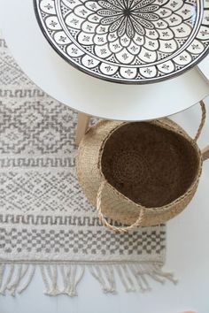 a basket sitting on top of a table next to a white plate and some napkins