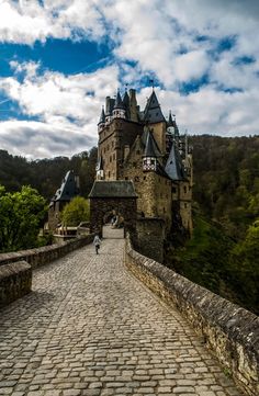 a stone walkway leading up to a castle