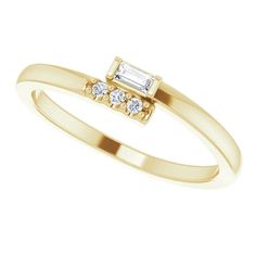 Our 14k gold baguette diamond ring is a modern diamond ring style, which is versatile and can be worn as an engagement ring, diamond wedding band or fashion statement ring. We are offering 14k yellow or white gold made in the bypass ring design. Our simple diamond ring is minimalist in design and is a classic style that is evergreen.While this is a dainty diamond ring, it is not a flimsy ring and has a substantial presence.♡ SPECIFICS:Material: 14kt goldShank Base Thickness: 1.50 mmShank Base Wi Modern Solitaire Baguette Cut Diamond Ring, Modern Stackable Wedding Rings With Baguette Diamonds, Modern Stackable Rings With Baguette Diamonds For Wedding, Modern Rings With Baguette Diamonds For Promise, Modern Baguette Diamond Promise Ring, Modern Stackable Diamond Rings With Baguette Cut, Modern Wedding Ring With Baguette Diamonds, Modern Wedding Diamond Ring With Baguette Diamonds, Modern Baguette Diamond Ring For Wedding