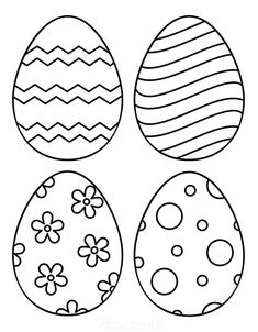 four easter eggs with different designs on them, one has flowers and the other has stripes