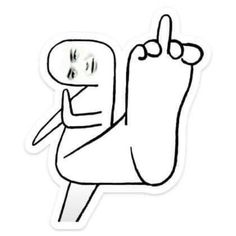 a sticker with a cartoon character holding his hand up to the side and pointing at it