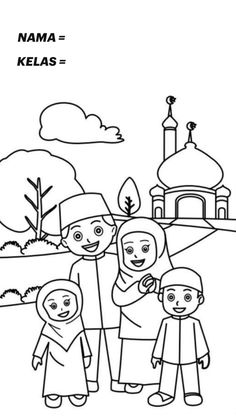 a coloring page with the name namma and two children in front of a mosque