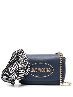 midnight blue faux leather smooth grain scarf detailing gold-tone logo lettering foldover top with magnetic fastening sliding chain-link shoulder strap main compartment internal card slots canvas lining Love Moschino Logo, Moschino Bags, Moschino Logo, Chanel 2, Love Moschino, Ballet Flat Shoes, Letter Logo, Blue Bags, Womens Tote Bags