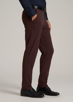 About Our Men's Tall Pants These extra-long chinos strike the perfect balance between classic and comfortable. They're designed to look like a pair of tapered chinos but are made of a lighter stretchy fabric that provides plenty of room for movement so you can tee off on the golf course, take the dog for a walk or grab dinner with friends at that new restaurant in town. We know how hard it is to find men's tall pants, which is why we made sure this pair had an extra-long inseam measured specific Burgundy Chinos, Scrubs Dress, Tapered Chinos, Athleisure Summer, Cozy Sleepwear, Chino Pants Men, Tall Men, Tall Pants, Long Sleeve Tee Shirts