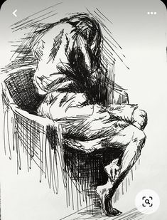 a black and white drawing of a man sitting in a chair