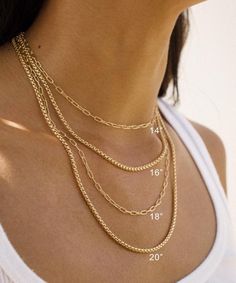 Layered together or worn individually, the Thin Link Chain and Venetian Box Chain are perfect everyday gold filled necklaces! The thin lightweight look of the Link Chain pairs perfectly with the heavier boxy Venetian Chain! Listing is for one (1) individual chain - lengths vary and are customizable.Thin Link Chain:-Width: 2mm-14k Gold Filled-Spring Clasp Closure-Made to Order in Los AngelesVenetian Box Chain-Width: 1.8mm -14k Gold Filled-Lobster Clasp Closure-Made to Order in Los AngelesFor more Beyonce Jewelry, Gold Chain Necklace Womens, Golden Chain Necklace, Necklaces Layering, Necklaces Layered, Layered Chain Necklace, Layering Necklaces, Real Gold Jewelry, Stacked Necklaces