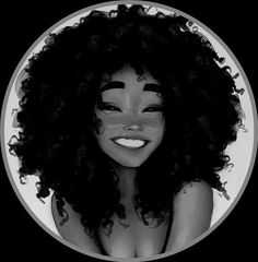 a black and white photo of a smiling woman with curly hair in a circular frame