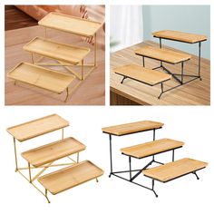 three tiered tables with metal legs and wooden trays on each side, one is empty