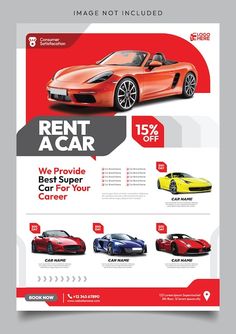 a red and white flyer for a car show with different colored cars on the front