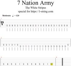 the 7 nation army guitar tab is shown in full view, and it shows how to play