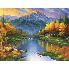 a painting of two animals walking in front of a mountain lake with a bird flying over it