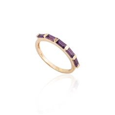 This is part of Chairish’s Fine Jewelry assortment.  Stackable Amethyst Half Band Ring in 14K Gold symbolizes the everlasting love between a couple. It shows the infinite love you have for your partner. The round shape represents love which will continue and makes your promises stay forever. Amethyst encourages self-control and citrine has strong vibration energy which helps promotes mental clarity.  Lightweight and gorgeous, this is a perfect Unique Gift, Bridal Shower Gift, Valentine Gift, Gif Timeless Purple Rings Perfect For Gifts, Timeless Purple Rings For Gifts, Timeless Purple Rings As Gifts, Timeless Purple 14k Gold Rings, Timeless Amethyst Ring As A Gift, Purple Gemstone Rings With Baguette Cut, Purple Gemstone Baguette Cut Rings, Purple Baguette Cut Gemstone Rings, Purple 14k Gold Promise Ring