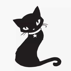 a black cat with stars on it's collar looking to the side, sitting down