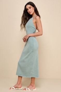 Greet the warmer season and soak up the rays in the Lulus Sunny Admiration Washed Sage Green Ribbed Sleeveless Midi Dress! Stretchy ribbed knit, with a trendy washed effect throughout, shapes this casual dress with an apron-style neckline and a sleeveless bodice with a modified racerback design. The figure-flaunting silhouette continues into a bodycon skirt that ends at a modern midi hem. Fit: This garment fits true to size. Length: Mid-calf length. Size medium measures 47.25" from shoulder to h Fitted Ribbed Sleeveless Summer Dress, Spring Sleeveless Ribbed Midi Dress, Summer Ribbed Sleeveless Knee-length Dress, Sleeveless Ribbed Midi Dress For Spring, Summer Knee-length Ribbed Sleeveless Dress, Ribbed Cotton Midi Dress, Knee-length Ribbed Sleeveless Summer Dress, Ribbed Sleeveless Summer Dress, Spring Sleeveless Ribbed Dress