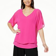 Nina Leonard V-Neck Chiffon Overlay Top   Create your own signature style with this fun, elegant dolman-sleeve top that complements your favorite bottoms. Elegant Chiffon V-neck Tops, Elegant V-neck Chiffon Tops, Casual Chiffon V-neck Top, Pink V-neck Chiffon Top, Elegant Chiffon Tops For Layering, Casual Chiffon Top For Layering, Chic Summer Top With Overlay, Chic Summer Tops With Overlay, Flowy Short Sleeve Tops For Party