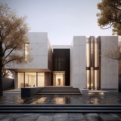 an exterior view of a building with steps leading up to it and trees in the background