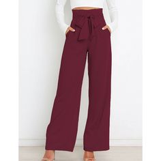 Burgundy Bowknot High Waist Wide Leg Pants Solid Color Wide-leg Pants With Tie Waist, Solid Color Wide Leg Pants With Tie Waist, Fall High-waisted Pants With Tie Waist, Ankle-length Tie Waist Pants, Solid Wide Leg Pants With Tie Waist, Solid Wide Leg High Waist Pants With Tie Waist, High Waist Bottoms With Tie Waist In Solid Color, Fall Tie Waist Wide-leg Pants, Solid Color High Waist Bottoms With Tie Waist