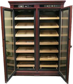 a large wooden cabinet with lots of shelves