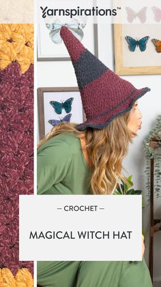 a woman wearing a crochet witch hat with butterflies on the wall behind her